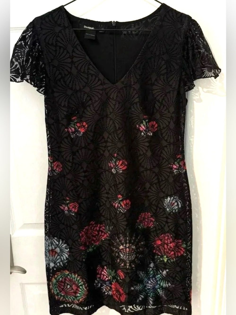 DESIGUAL mini dress silvana cap flutter sleeve lace black party floral cocktail